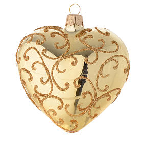 Heart Shaped Bauble in gold blown glass with golden motif 100mm