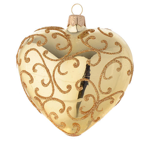 Heart Shaped Bauble in gold blown glass with golden motif 100mm 2