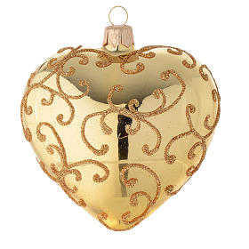 Heart Shaped Bauble in gold blown glass with golden motif 100mm