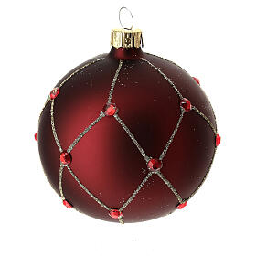 Bauble in red blown glass with glitter and stones 80mm