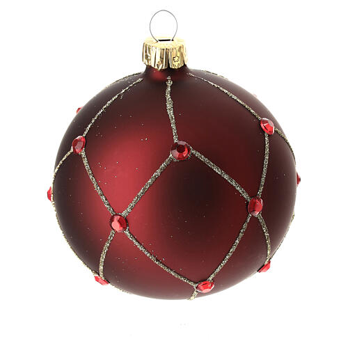 Bauble in red blown glass with glitter and stones 80mm 3