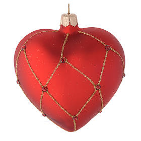 Bola de Navidad corazón de vidrio rojo con piedras y decoración oro 100 mm