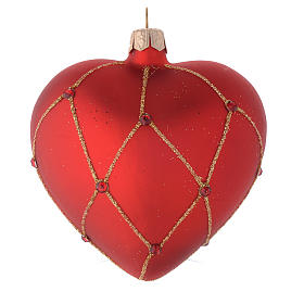 Heart Shaped Bauble in red blown glass with glitter and stones 100mm