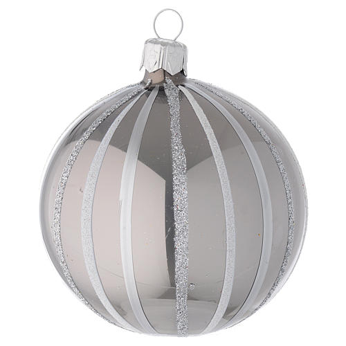 Bauble in silver blown glass with stripes 80mm 2