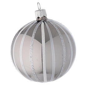 Enfeite Natal bola vidro soprado prata riscas 80 mm