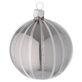 Enfeite Natal bola vidro soprado prata riscas 80 mm