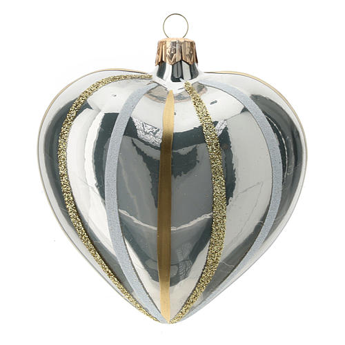 Heart Shaped Bauble in silver blown glass with stripes 100mm 1