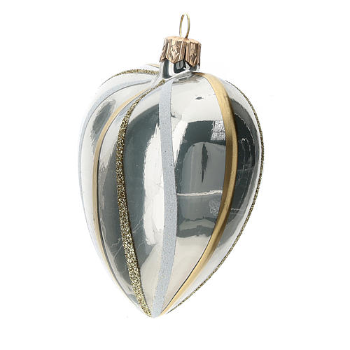 Heart Shaped Bauble in silver blown glass with stripes 100mm 2