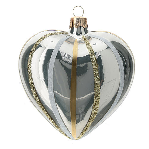 Heart Shaped Bauble in silver blown glass with stripes 100mm 3