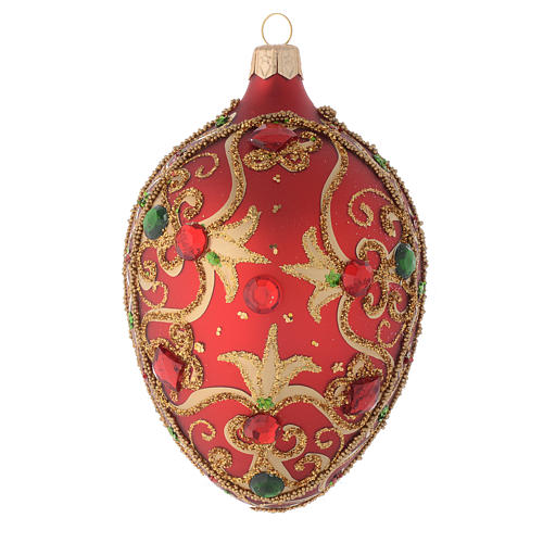 Weihnachtskugel aus Glas in Tropfenform Grundton Rot mit goldenen Verzierungen 130 mm 1
