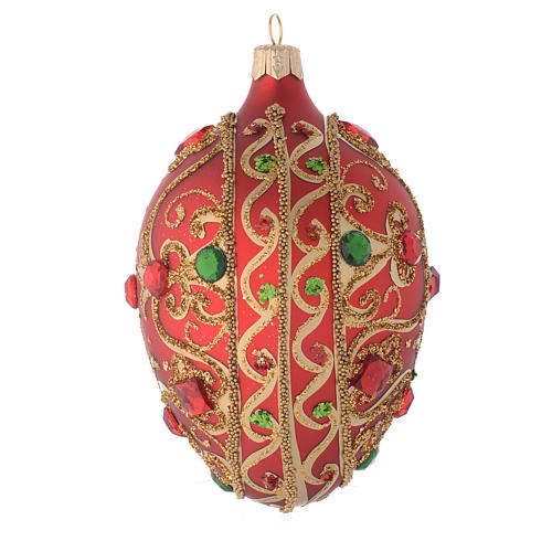 Oval bauble in red glass with gold decoration and stones 130mm 2
