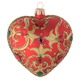 Weihnachtskugel aus Glas in Herzform Grundton Rot mit goldenen Verzierungen 100 mm