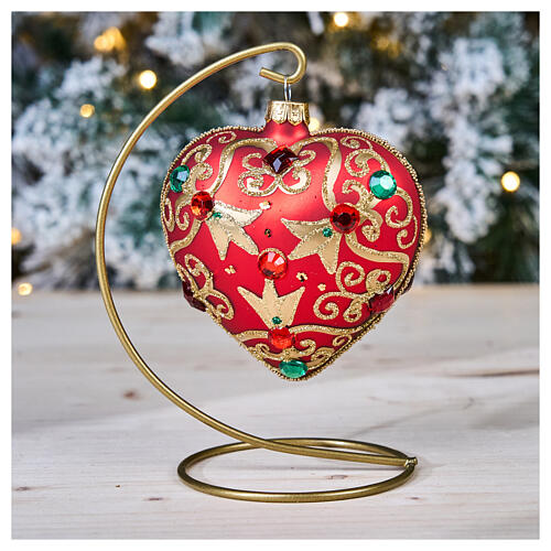 Weihnachtskugel aus Glas in Herzform Grundton Rot mit goldenen Verzierungen 100 mm 2