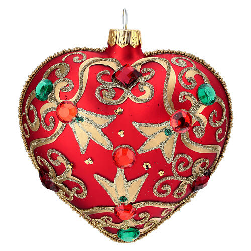 Heart Shaped bauble in red glass with gold decoration and stones 100mm 1
