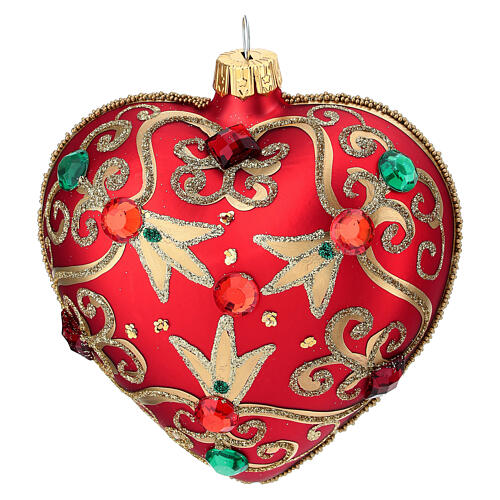 Heart Shaped bauble in red glass with gold decoration and stones 100mm 4
