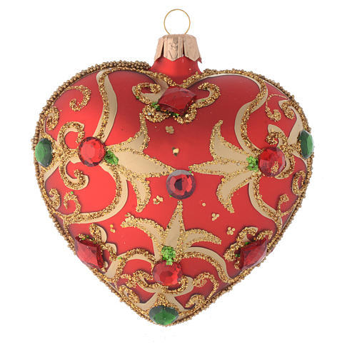 Heart Shaped bauble in red glass with gold decoration and stones 100mm 1