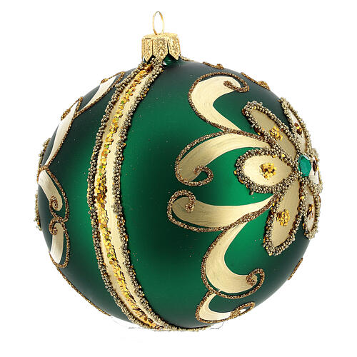 Bauble in green blown glass with gold glitter decoration 100mm 4