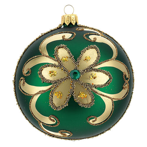 Bauble in green blown glass with gold glitter decoration 100mm 1