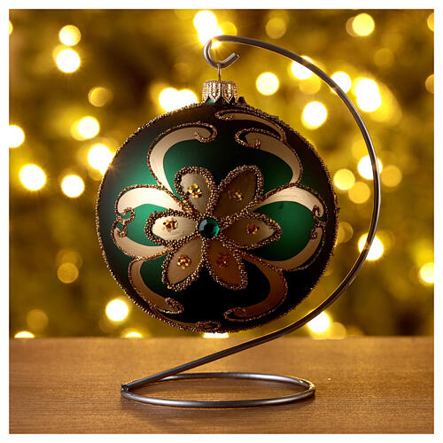 Bauble in green blown glass with gold glitter decoration 100mm 2