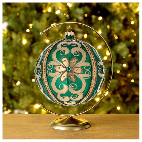 Tannenbaum Kugel Glas gold mit versilberten Blumen 150mm 2