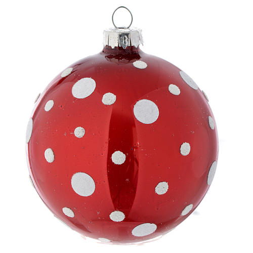Glass bauble, red with white glitter, 80mm diameter 1