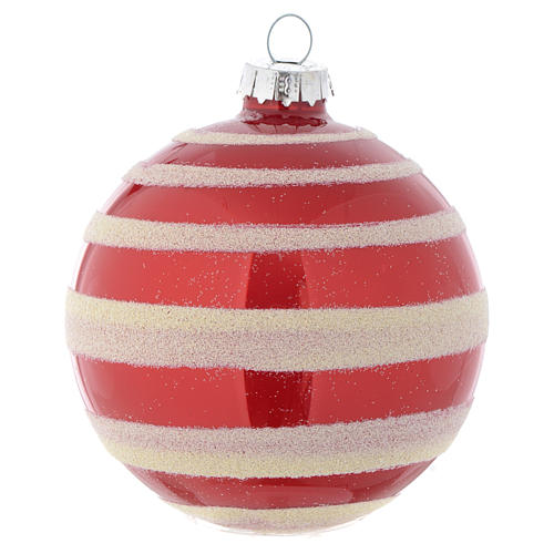 Glass bauble, red with white glitter, 80mm diameter 2