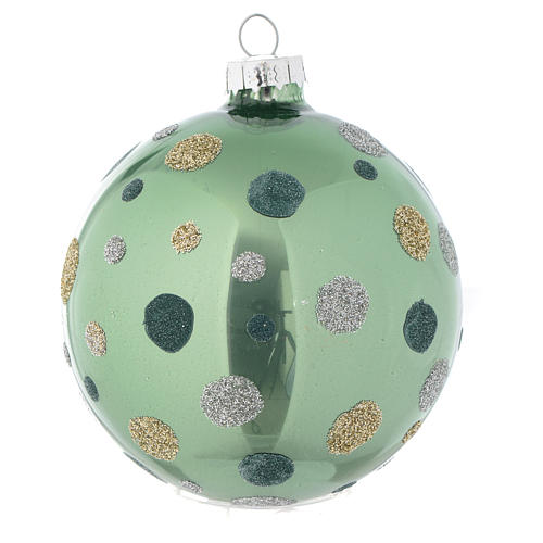 Glass bauble, green with silver glitter, 80mm diameter 2