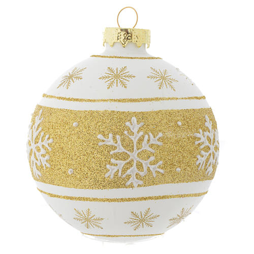 Glass Christmas bauble, white with gold glitter, 80mm diameter 1