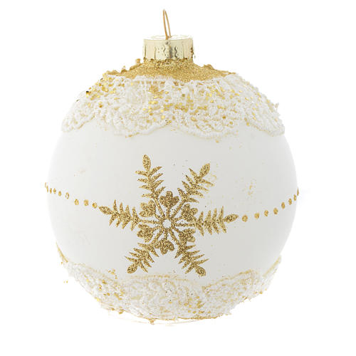 Glass Christmas bauble, white with gold glitter, 80mm diameter 2