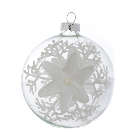 Glass Christmas bauble, transparent with white decoration, 80mm diameter 1