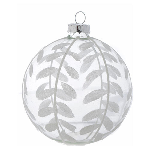 Glass Christmas bauble, transparent with white decoration, 80mm diameter 2
