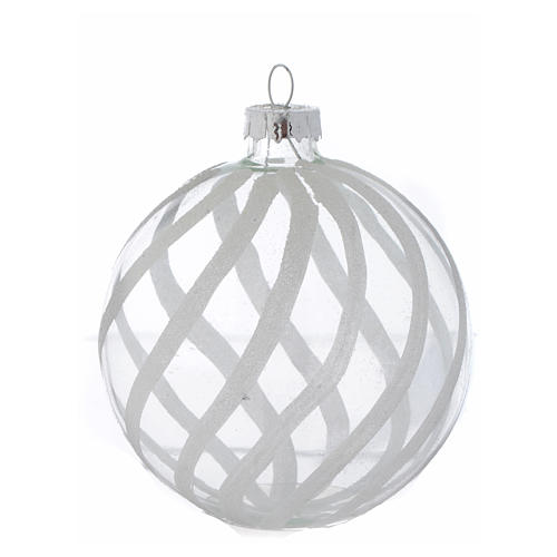 Glass Christmas bauble, transparent with white decoration, 80mm diameter 3