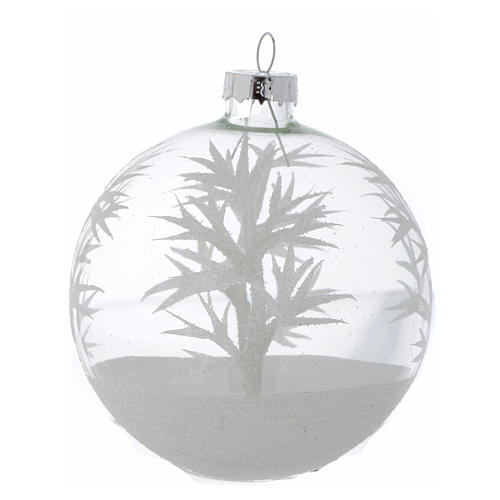 Glass Christmas bauble, transparent with white decoration, 80mm diameter 4