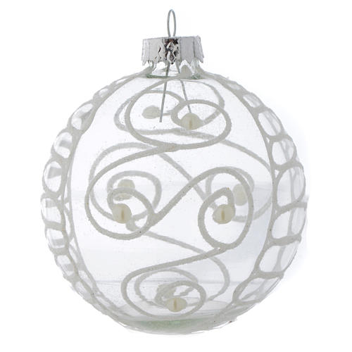 Glass Christmas bauble, with white decoration, 80mm diameter 4