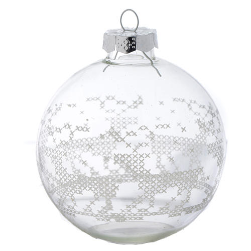 Boule verre Sapin Noël 80 mm avec décors blancs 1