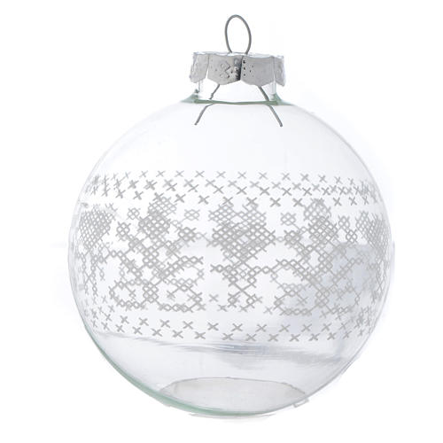 Boule verre Sapin Noël 80 mm avec décors blancs 2