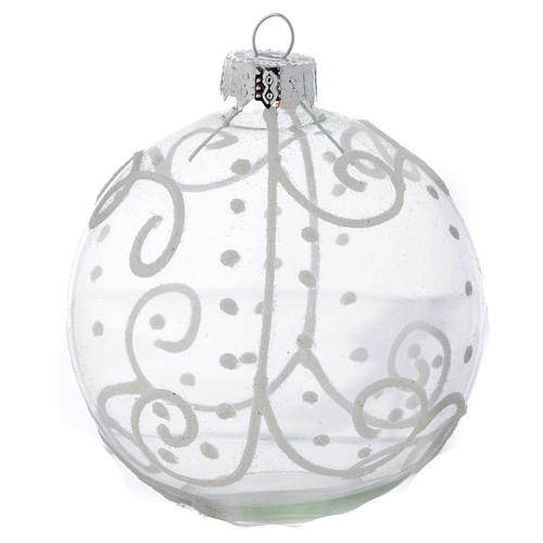 Palla Vetro Albero Natale 80 mm con decori bianchi 3