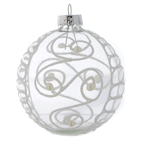 Palla Vetro Albero Natale 80 mm con decori bianchi 4