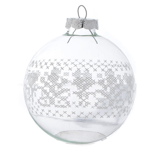 Glass Christmas bauble, with white decoration, 80mm diameter 2
