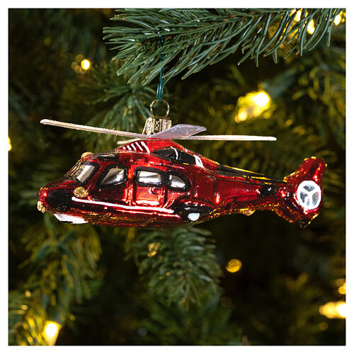 Blown glass Christmas ornament, red helicopter 2