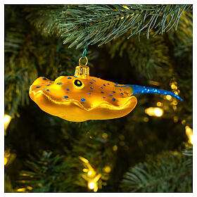Blown glass Christmas ornament, yellow manta