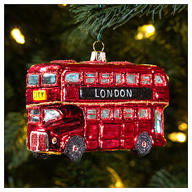 Blown glass Christmas ornament, London Bus