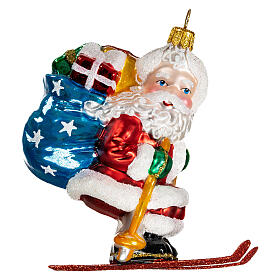 Blown glass Christmas ornament, Santa Claus on skis
