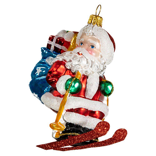 Blown glass Christmas ornament, Santa Claus on skis 3