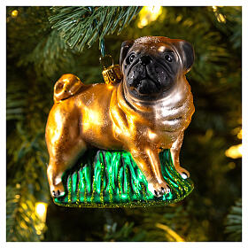 Cão pug em esquis vidro soprado adorno árvore Natal