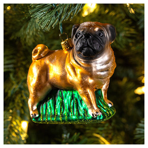 Cão pug em esquis vidro soprado adorno árvore Natal 2