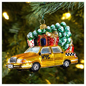 Blown glass Christmas ornament, New York taxi with Christmas tree
