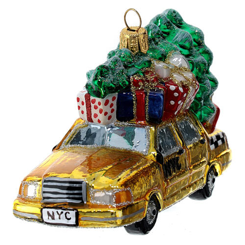 Blown glass Christmas ornament, New York taxi with Christmas tree 3