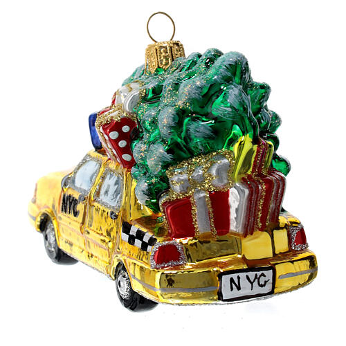 Blown glass Christmas ornament, New York taxi with Christmas tree 5