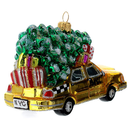 Blown glass Christmas ornament, New York taxi with Christmas tree 6